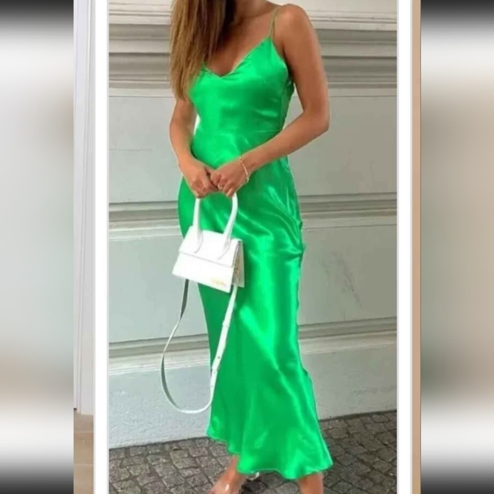 Zara Vibrant Green Satin Maxi Dress